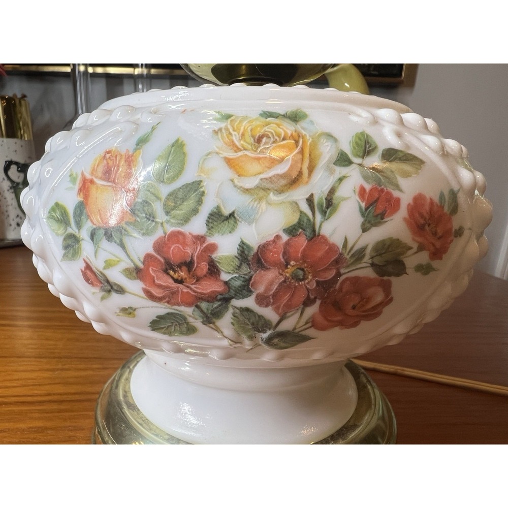 Vintage White Hobnail Floral Glass Table Lamp, Gold Tone Base, Corded, Knob - Picture 4 of 6